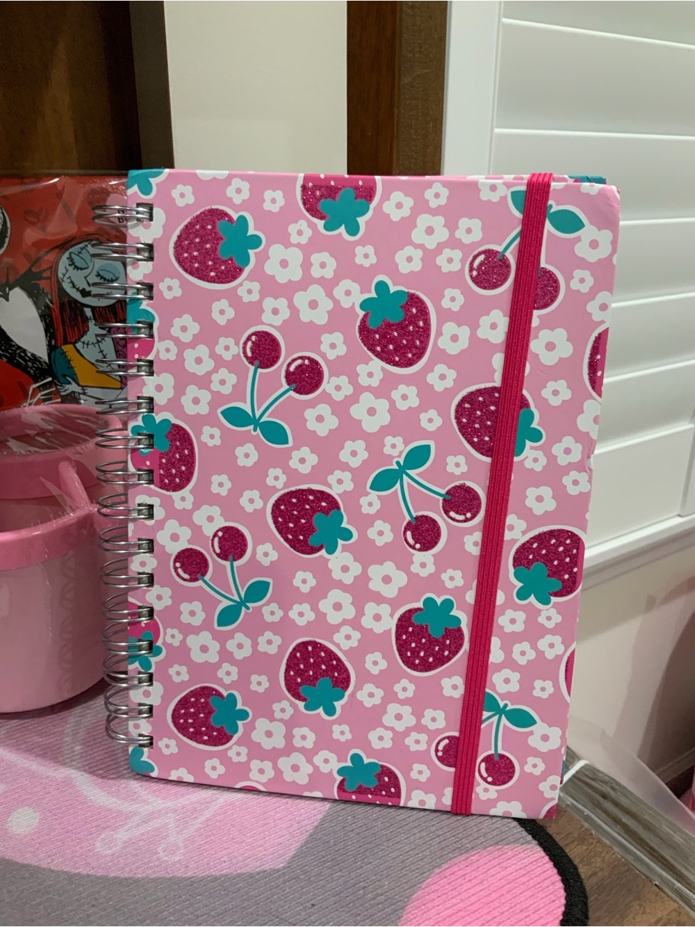 Pink Strawberry & Cherry Spiral Notebook with Elastic Band